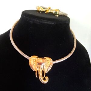 Gold/silvertone Set Elephant Pendant & braclet